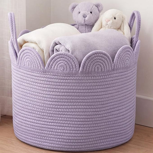 LemonRoad Lavendor Purple Round Basket Large Blanket Basket 16'' x 14" Scalloped Woven Baskets Cotton Storage Baskets for Nursery Classroom Closet Blankets Storage Home Decor