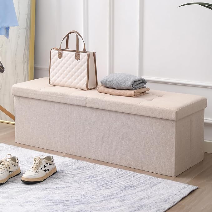 45.3 Inches Storage Ottoman Bench Foldable Seat Footrest Shoe Bench End of Bed Storage with Flipping Lid, 166L Storage Space, Linen Fabric Black