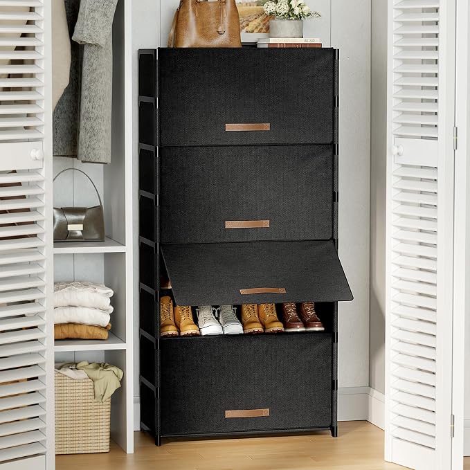 9 Tier Shoe Cabinet with Door, 36-Pair Storage, Black | Max capacity for large families. Door prevents dust & pet damage. Holds all shoe types. Easy connector assembly.