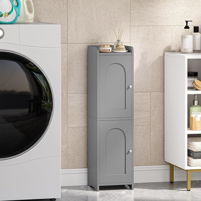Hzuaneri Bathroom Storage Cabinet, Small Corner Floor Cabinet with 2 Doors | Narrow Toilet Paper Cabinets with Adjustable Shelf, Bathroom Organizer for Small Spaces, 7.9" D x 7.9" W x 29.5" H Gray