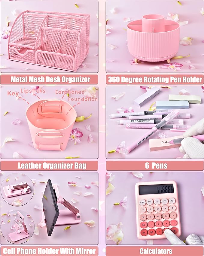 LXEVIHK 21Pcs Pink Desk Organizers and Accessories With Mesh Desk Organizer and 360°Rotating Pen Holder and a Lot of Office Pink Office Supplies Beautifully Presented in a Gift Box