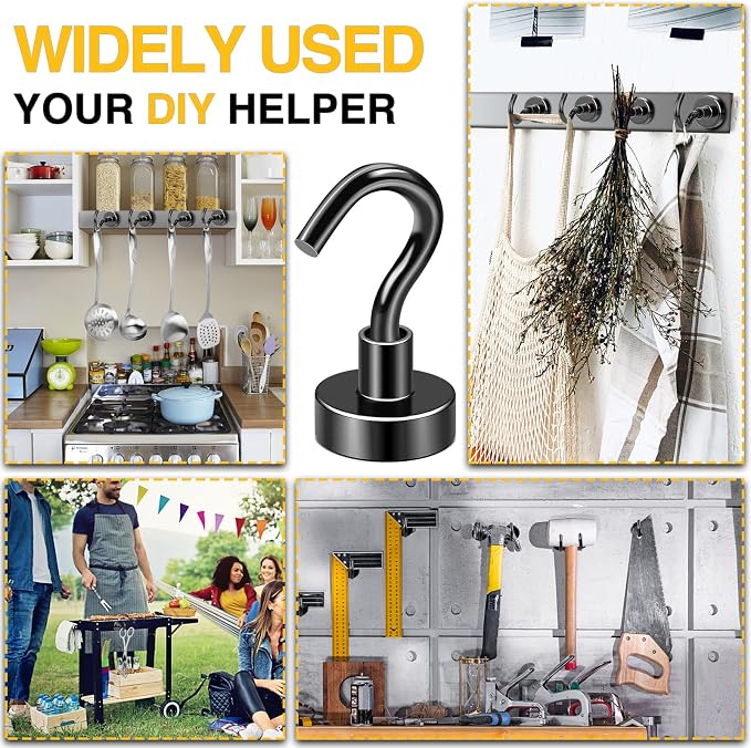 DIYMAG Magnetic Hooks 20pcs 30lbs+ Cruise Essentials 2026 Magnet Hook Black | Neodymium Heavy Duty Strong Magnets Hanging Ship Cabins Refrigerator Fridge Classroom Beach Vacation Kitchen Grills Home Tool