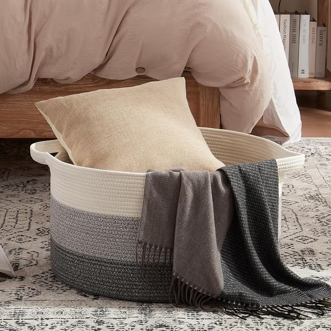 OIAHOMY 105L Extra Large Blanket Basket - Decorative Cotton Rope Storage Basket for Bedroom, Living Room & Nursery - Woven Laundry Hamper for Organizing Blankets, Clothes & Toys - Gradient Grey