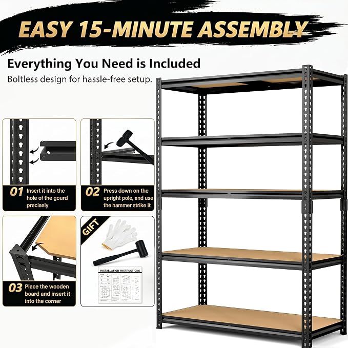 60" H Heavy Duty Storage Shelves, 2400LBS Capacity Metal Shelving Unit, Adjustable Garage Shelves & Organizer with Overlap Design for Home Garage Warehouse Storage Shop,Black