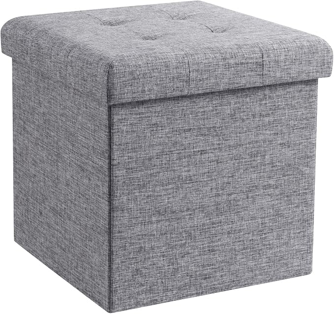 Ornavo Home 15 Inch Folding Storage Ottoman Cube, Tufted Linen, Gray | Upholstered Cube with Lid; Foot Rest Stool; Ideal for Bedroom, Living Room or Entryway