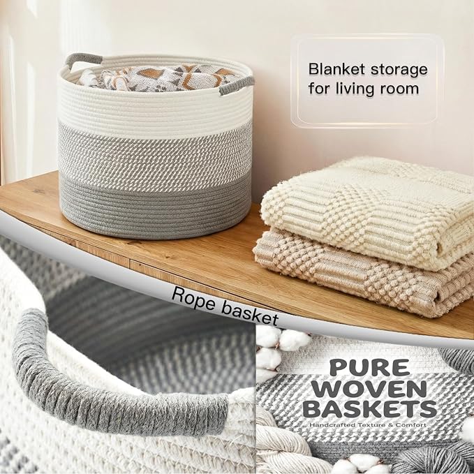 Artfeel 100L Large Cotton Rope Basket, Decorative Woven Blanket Storage for Living Room, Boho Toy Storage & Toy Box for Kids, Versatile Laundry Basket & Nursery Hamper for Blankets(Grey)