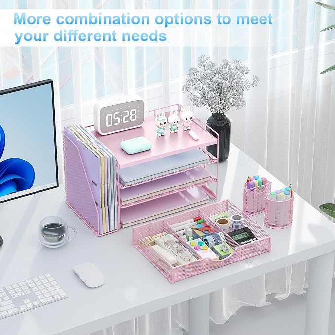 gianotter Wood Desk Organizers and Accessories with File Holder, 4-Tier Desk Accessories & Workspace Organizers with Drawer and 2 Pen Holder, Desk Reference Organizer (Pink, 4T with Metal Drawer)