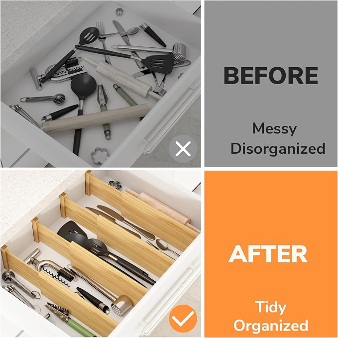 BAMEOS Bamboo Expandable Drawer Dividers – Fits 12.2"–17" Drawers, 4" Extra Deep Walls, Set of 4 | Tall Spring-Loaded Separator for Baby Dresser, Sock Drawer & Bathroom Cabinet