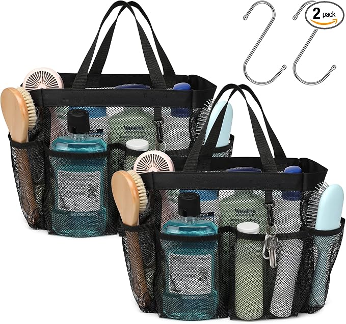 Mesh Shower Caddy Portable - 2 Packs, S-Hook, Shower Bag for Dorm Camping | 8 Pockets, 2-Handle, Quick-Dry, Toiletry Organizer, College Dorm Room Essentials for Girls, Gym, Travel & Bathroom, Black