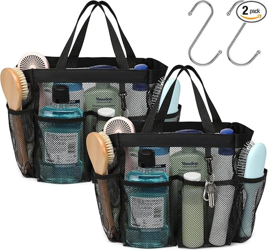 Mesh Shower Caddy Portable - 2 Packs, S-Hook, Shower Bag for Dorm Camping | 8 Pockets, 2-Handle, Quick-Dry, Toiletry Organizer, College Dorm Room Essentials for Girls, Gym, Travel & Bathroom, Black