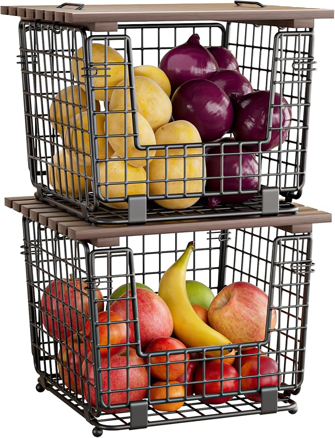 2 Pack Stackable Potato Onion Bins, Pantry Organizers and Storage | Wire Basket with Breathable Design for Garlic Fruits Vegetables Storage, Kitchen Counter Organizer