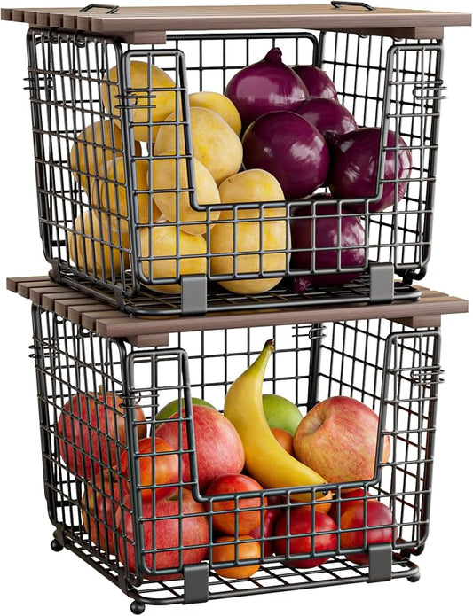 2 Pack Stackable Potato Onion Bins, Pantry Organizers and Storage | Wire Basket with Breathable Design for Garlic Fruits Vegetables Storage, Kitchen Counter Organizer