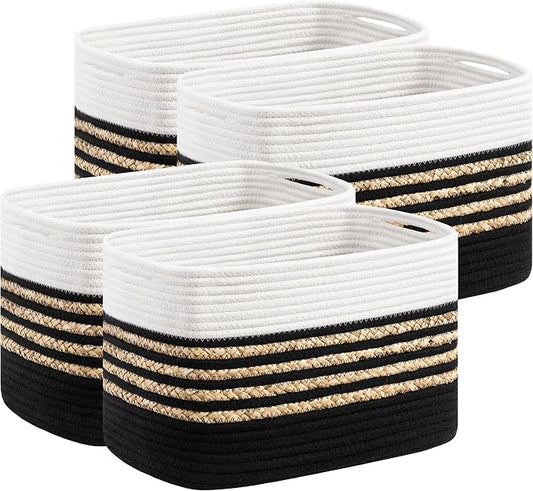 UBBCARE 4 Pack Baskets for Organizing, Woven Storage Baskets for Toys and Towel, Rectangle Cotton Rope Basket with Handles, 14''L x 8''W x9''H, Black