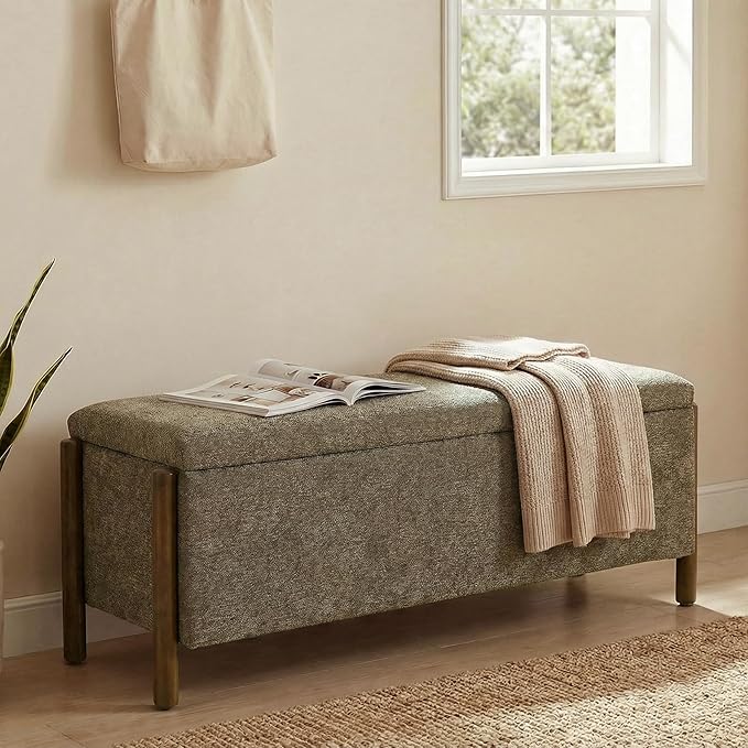 Usaint Wooden Storage Ottoman Bench, 47" Fabric Upholstered End of Storage Bench with Rubberwood Legs, Entryway Bench with Storage for Bedroom, Living Room, Reception, Cloakroom, Brown
