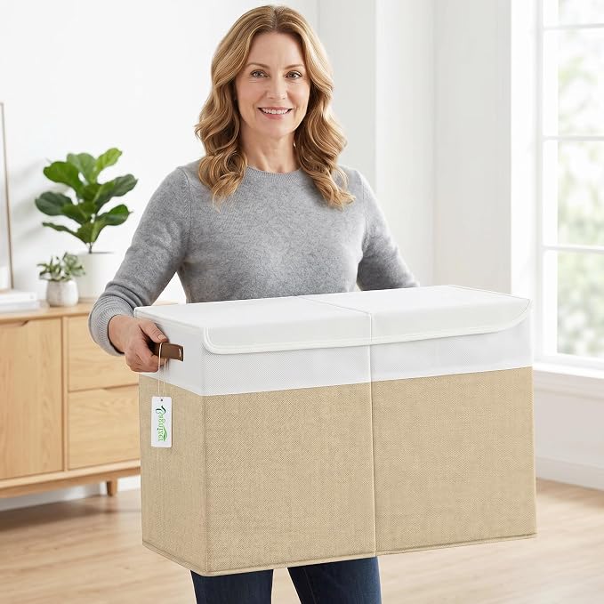 Bagnizer Large Toy Storage Box with Lids, Collapsible Sturdy Baby Storage Organizer Chest Bin Basket for Kids, Boys, Girls, Playroom, Nursery, Bedroom, Closet 25"x13"x16" (Beige and White)