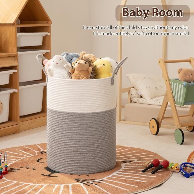 OIAHOMY Large Laundry Basket Hamper - 100L Cotton Rope Woven Basket for Blankets, Toys, Clothes - Tall Decorative Nursery Hamper with Long Handles, Grey/White