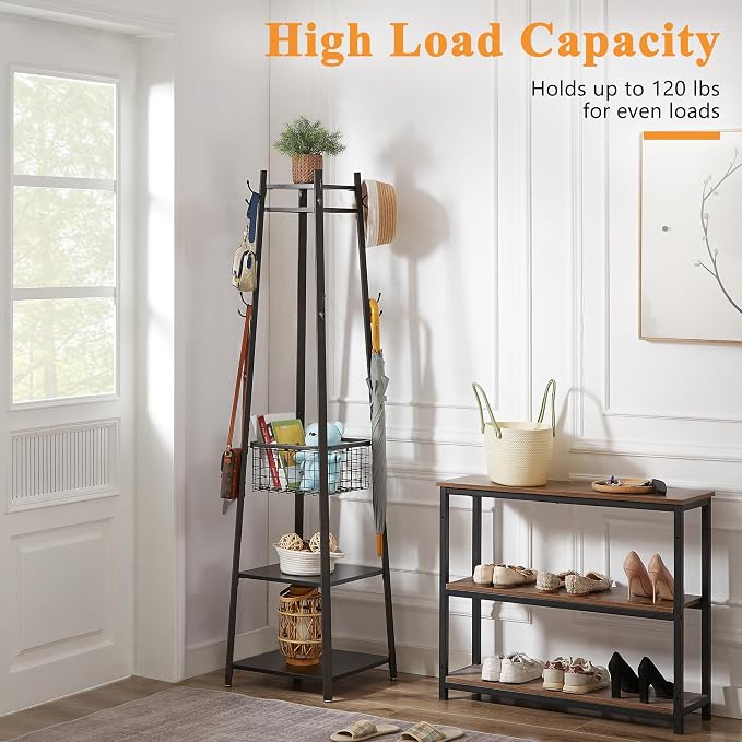 VECELO Coat Rack Freestanding,Hall Tree with Metal Basket and Storage Shelves,Industrial Coat Rack Stand with 8 Hooks for Hanging Coats/Hats/Bags/Umbrellas,18 x 18 x 72 In,Matte Black