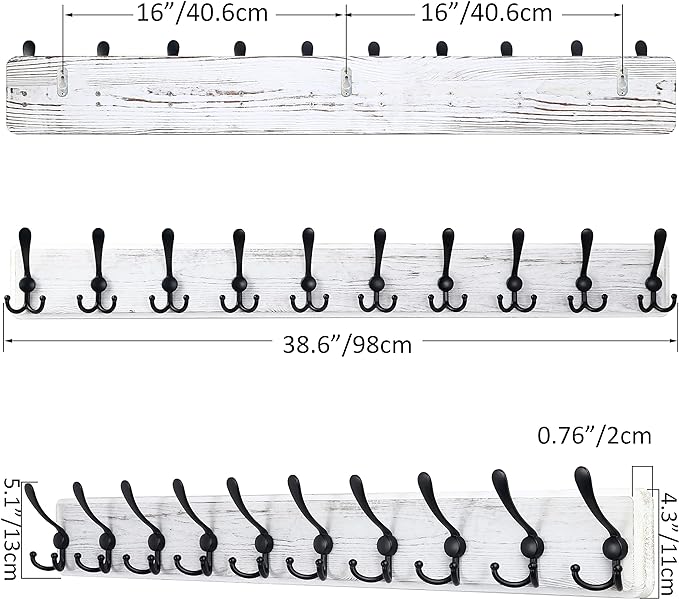 SKOLOO Coat Rack Wall Mounted - 38.3'' Long, Wooden, Heavy Duty, Rustic Coat Hooks for Wall, Wall Coat Rack with 10 Triple Hooks for Hanging Clothes, Jacket, Hat(Weathered White)