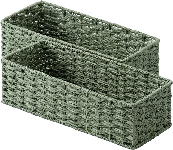 StorageWorks Wicker Toilet Paper Basket for Sage Green Bathroom Decor | Small Narrow Back of Toilet Basket, Paper Rope Decorative Bathroom Basket Organizer and Storage for Tank Topper, 2 Pack