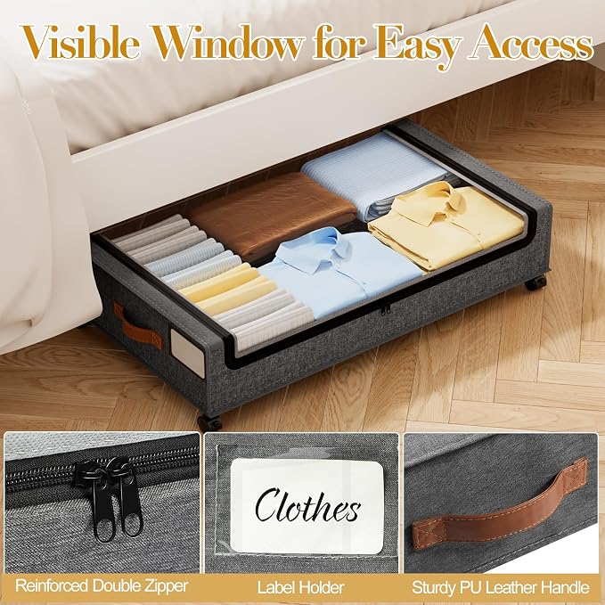 Yecaye Under Bed Storage with Wheels, 2 Pack Under the Bed Storage Containers with Lids & Label, XXL 60 L Rolling Underbed Storage Drawers for Clothes, Blankets, Shoes, Hemp Gray