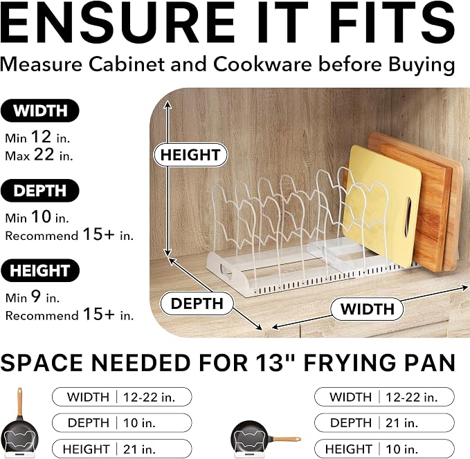 Simple Houseware Expandable Pan Rack 10 Adjustable Compartments, White | Kitchen Cabinet Organizer for Pots, Pans, Lids & Bakeware - Pantry & Countertop Storage