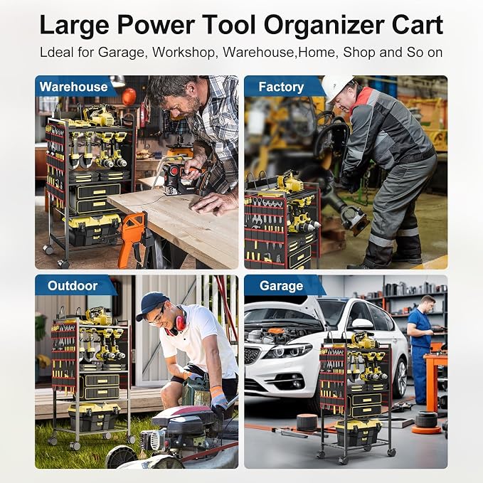 Power Tool Organizer Cart, Rolling Tool Storage Cart, Gift for Man, Red | CFMASTER 300 lbs Heavy Duty Utility Rack, 8AC charging station, Drill Holder & Power Tool organizer Cart on Wheels for Garage
