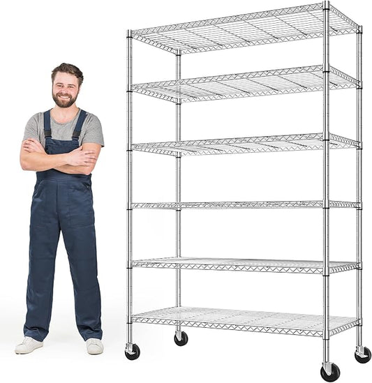 Romorgniz 6-Tier Rolling Storage Shelves with Locking Wheels, Garage Chrome | Heavy duty 6-tier wire shelving unit, 1200lbs capacity, Adjustable shelves, Rust-proof chrome, For pantry, kitchen, basement