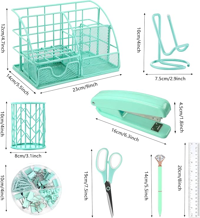 KAAKOW Green Desk Organizers and Accessories Office Supplies Set Stapler, Pen Holder, Phone Holder, Scissors, Pen, Ruler, 30 Paper Clips, 22 Binder Clip, 20 Tacks and 1000pcs Staples