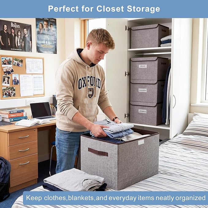 Bagnizer Large 42 Quarts Fabric Storage Bins with Lids [2-Pack] Linen Collapsible Foldable Storage Cubes, Closet Organizer Containers boxes with Handles for Home Office (16.7 x 12 x 12, Gray)
