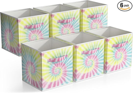Sorbus Fabric Storage Cubes - 6 Foldable Tie Dye Storage Bins for Organizing Cubbies, Toy Box - Clothes Storage & Closet Organizer - 11 Inch Collapsible Cube Baskets for Shelves with Handle