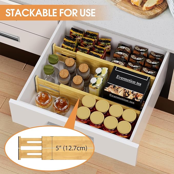 Bamboo Drawer Dividers, Adjustable Drawer Organizers, Fits 12.6–16" Drawers | 2.5" High, 4 Pack Expandable Drawer Separators for Kitchen, Nursery, Dressers & Office Storage, Natural