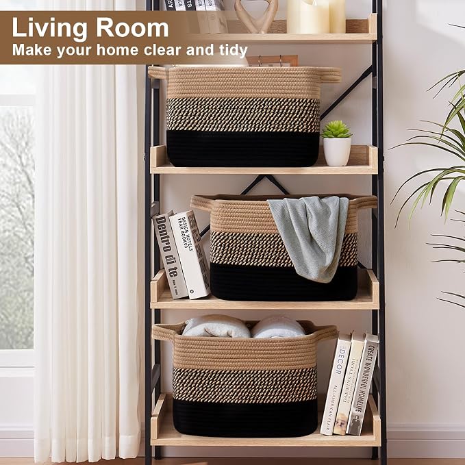 OIASKET Storage Basket for Organizing, Woven Baskets for Storage, Rectangle Decorative Baskets for Shleves, Closet, Toys, Books, Nursery Organizer Bins - Pack of 3 (Black & Brown, 15.75"x11.8"x9.85")