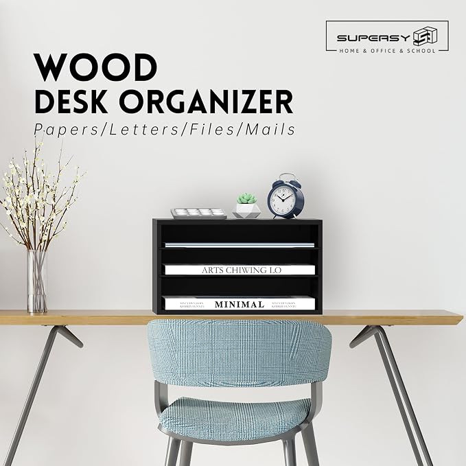 3 Tier Wood Desk Organizer, Mail Sorter and Paper Organizer for Desk, Black | Wooden Desktop Organizer for Sorting Papers, Letters and Mails, Literature Organizer for Home Office, Classroom Organization
