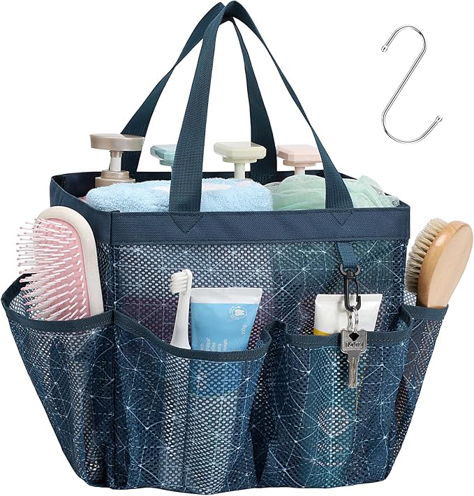 Mesh Shower Caddy Portable - 8 Pockets, S-Hook, Shower Bag for Dorm Camping | 2-Handle, Quick-Dry, Toiletry Organizer, College Dorm Room Essentials for Girls, Gym, Travel & Bathroom, Starlight Navy