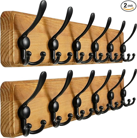 Coat Rack Wall Mounted - 24" Long 6 Tri Hooks, Heavy Duty Wooden Wall Coat Hanger Coat Hook for Clothes Hat Jacket Clothing, Weathered Brown and Black, Pack of 2