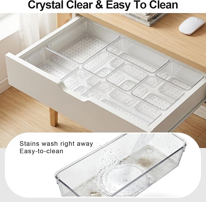 13 Pcs Desk Organizer Tray for Makeup, 5 Sizes Vanity Makeup Drawer Organizer Set, Non-Slip Desk Drawer Organizer Trays for Bathroom, Bedroom, Office, Fits Jewelry