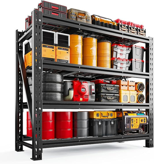 Romorgniz 3040LBS Garage Shelving for Warehouse, 51.6" W Storage Shelves | 51.6" W x 17.8" D x 72" H, 4-Tier Solid Steel Shelf, Rust-resistant, 16 Supporting Ribs for Basement, Shop, Freestanding