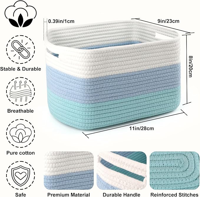 4 Pack Storage Baskets for Organizing, 11''Lx9''Wx8''H Woven Baskets for Storage Toys, Towels, Books, and Clothes, Cotton Rope Basket for Shelves with Handle