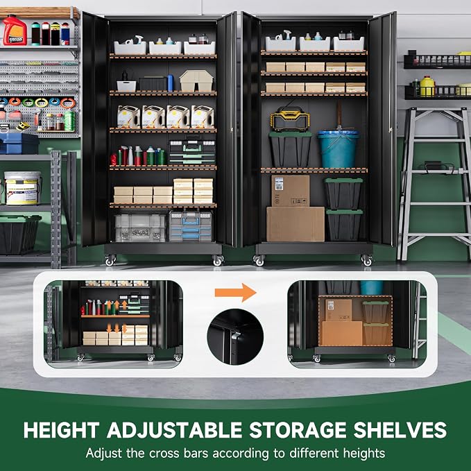 Letaya Metal Garage Storage Cabinets with Wheels,Steel Tool Cabinets Lock Door and Adjustable Shelves for Home,Office,Warehouse Organisieren (Black, 75" H)