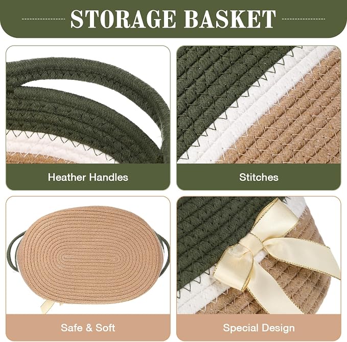 Colingmill 1 Set Woven Empty Basket for Gift,Green Khaki | with Cellophane Wrap Set, 14 x 10 x 5.5 Inch, Medium Decorative Gift Basket, Cotton Rope Storage Box, Home Decor