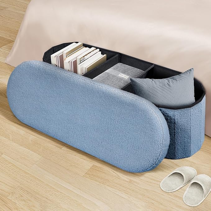PINPLUS Storage Ottoman Bench Tufted Folding Ottomans Bench Foot Rest, Chest Box Velvet Bench with Storage 43"" x15 x15 (Blue)