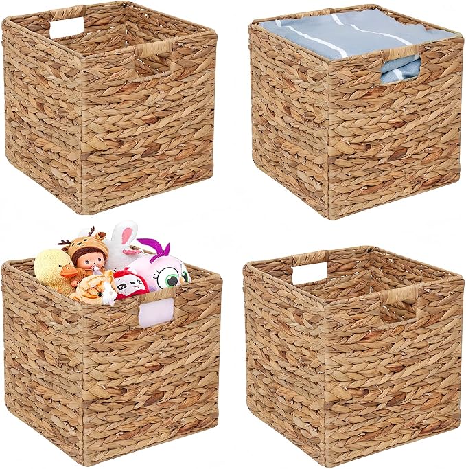 11x11in Storage Baskets 4 Pcs Square Baskets for Cube Shelf,Foldable Handwoven Water Hyacinth Storage Bins for Laundry Organizer