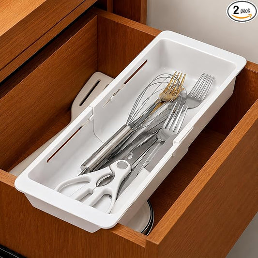 2-Pack Expandable Drawer Organizer for Deep Drawers, Adjustable 17–27 in Storage Tray, Durable PP Smooth Glide Divider for Kitchen, Vanity & Office, Space-Saving Design
