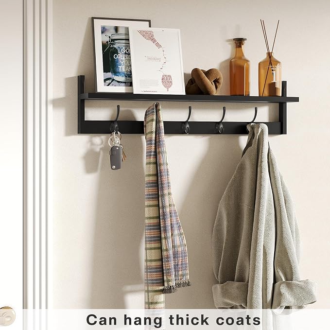 BAMEOS Wall-Mounted Shelf with Hooks - 28.9 Inch Entryway Hanging Shelf with 5 Dual Hooks for Bathroom, Living Room, Bedroom (Black)