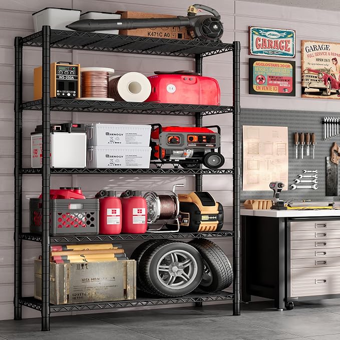 REIBII 5 Tier Storage Shelves with Wheels,1980LBS Metal Shelving for Garage | 25mm thickened pipes, 396 lbs/shelf, lock casters or switch to leveling feet, tool-free setup, fits pantry & kitchen