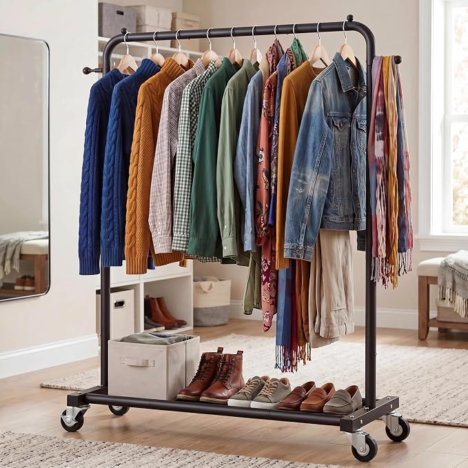 Sywhitta Metal Clothing Rack on Wheels with Bottom Shelf, for Clothes,Black | Rolling Garment Rack for Hanging Clothes, Coats, Skirts, 39.76" L x 16" W x 63.78" H,Space-Saving Mobile Organizer for Closet