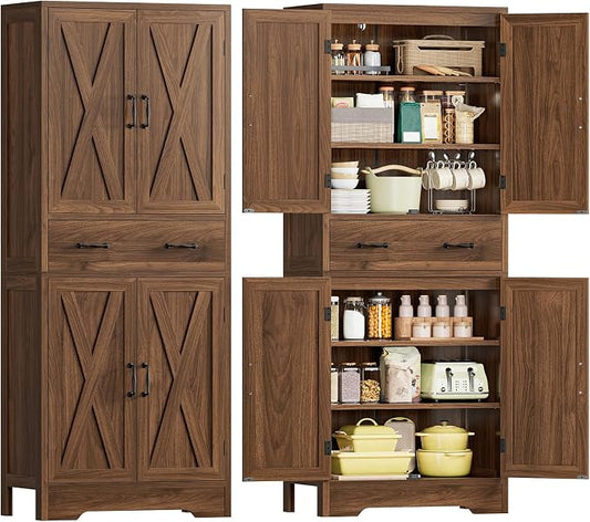 TEENFON Tall Storage Cabinet with 2 Adjustable Shelves & 1 Large Drawer, Kitchen Pantry Cabinet with 4 Doors, Bathroom Storage Cabinets, for Living Room, Kitchen, Bathroom, Walnut
