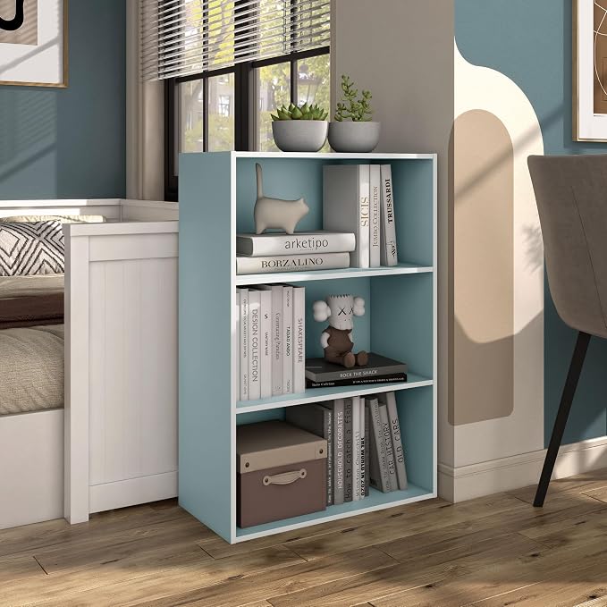 Homes: Inside + Out Apexa 3-Tier Cube Storage Organizer Shelves, Stackable Wood Bookcase Fits Cubby Bins for Organization, Dorm Teen Room Decor & Home Office, Light Blue