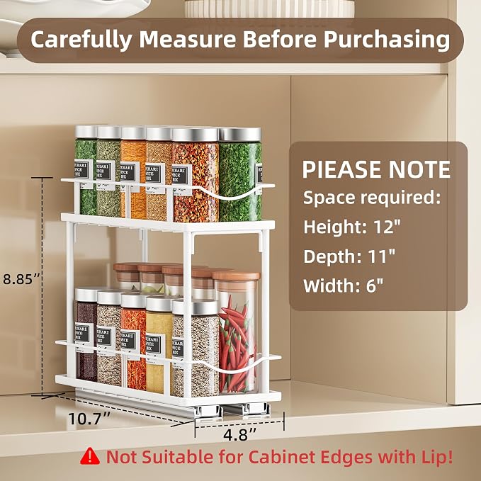 Bunoxea Pull Out Spice Rack 2 Pack,Slide Out Cabinet Spice Rack,White | 2-Tier Rack, Full Extension Ball Bearing Glides, 10.7"Dx4.8"Wx8.85"H, Kitchen Pantry,Narrow Cabinet Spice Storage Organizer