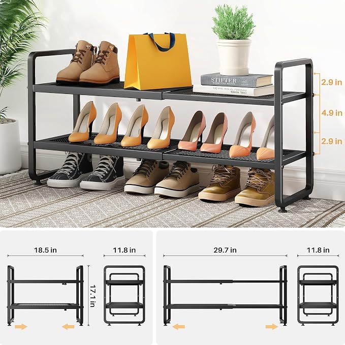 Expandable Metal Shoe Rack for Closet, Entryway & Garage, 2-Tier, Black | Adjustable Height for Boots, Stackable Design, Dense Mesh Shelves for Heels, Fits Small Spaces, Apartments and Rentals